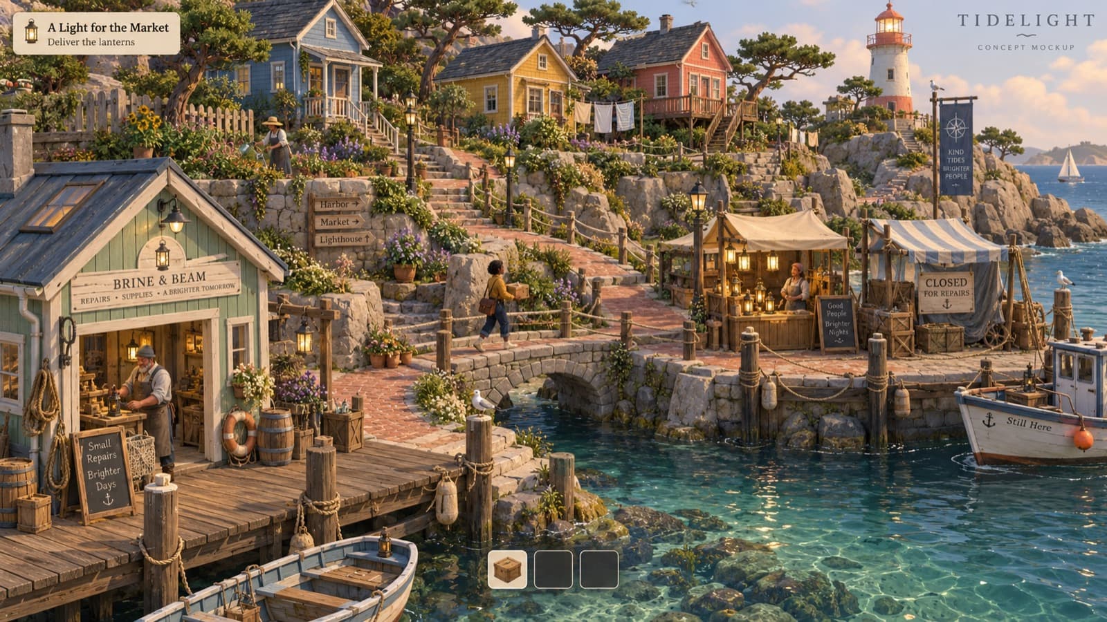 AI concept image of a coastal harbor market at golden hour