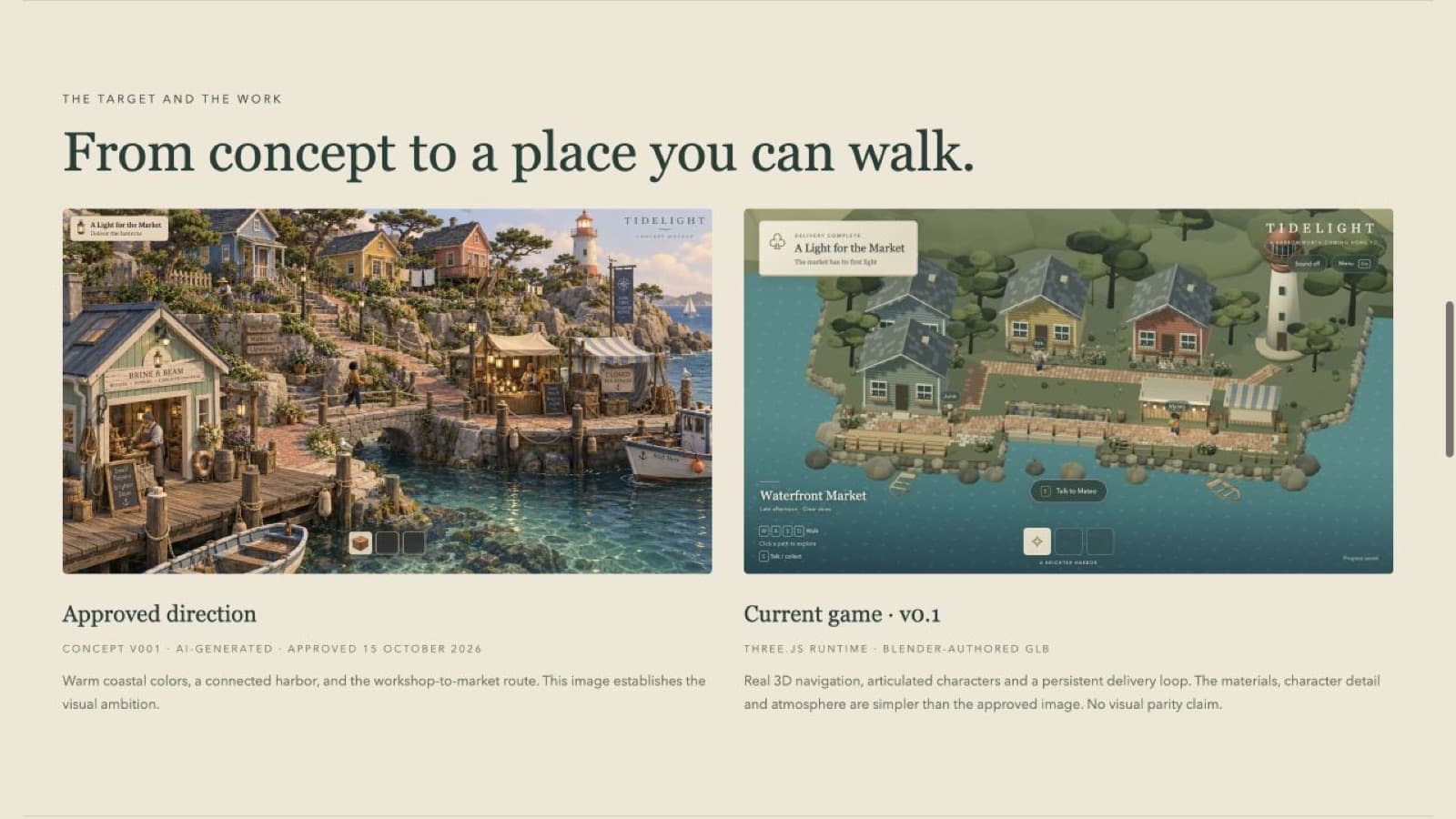 Review page comparing the approved concept with the first playable version