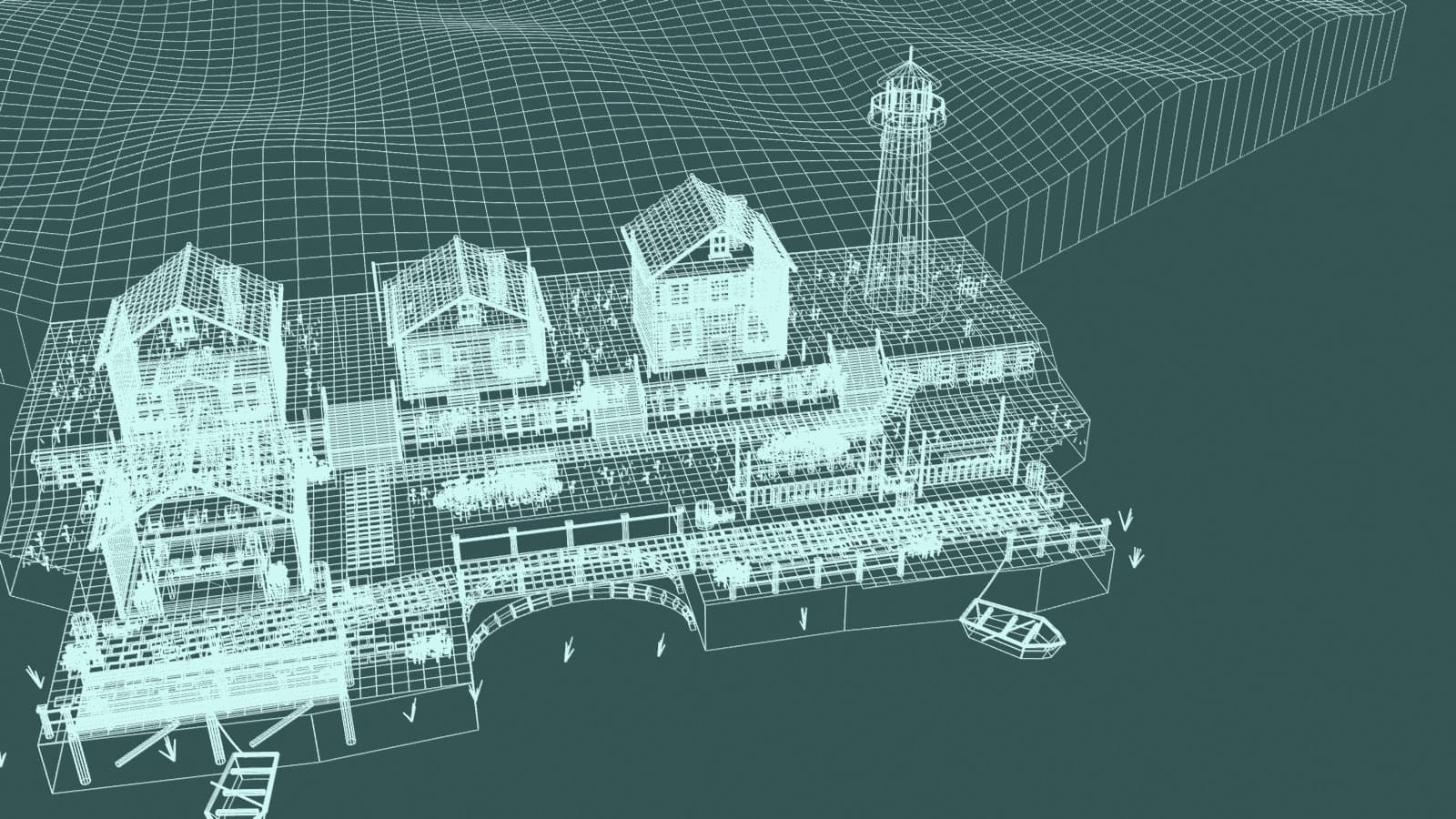 Wireframe of the harbor in Blender
