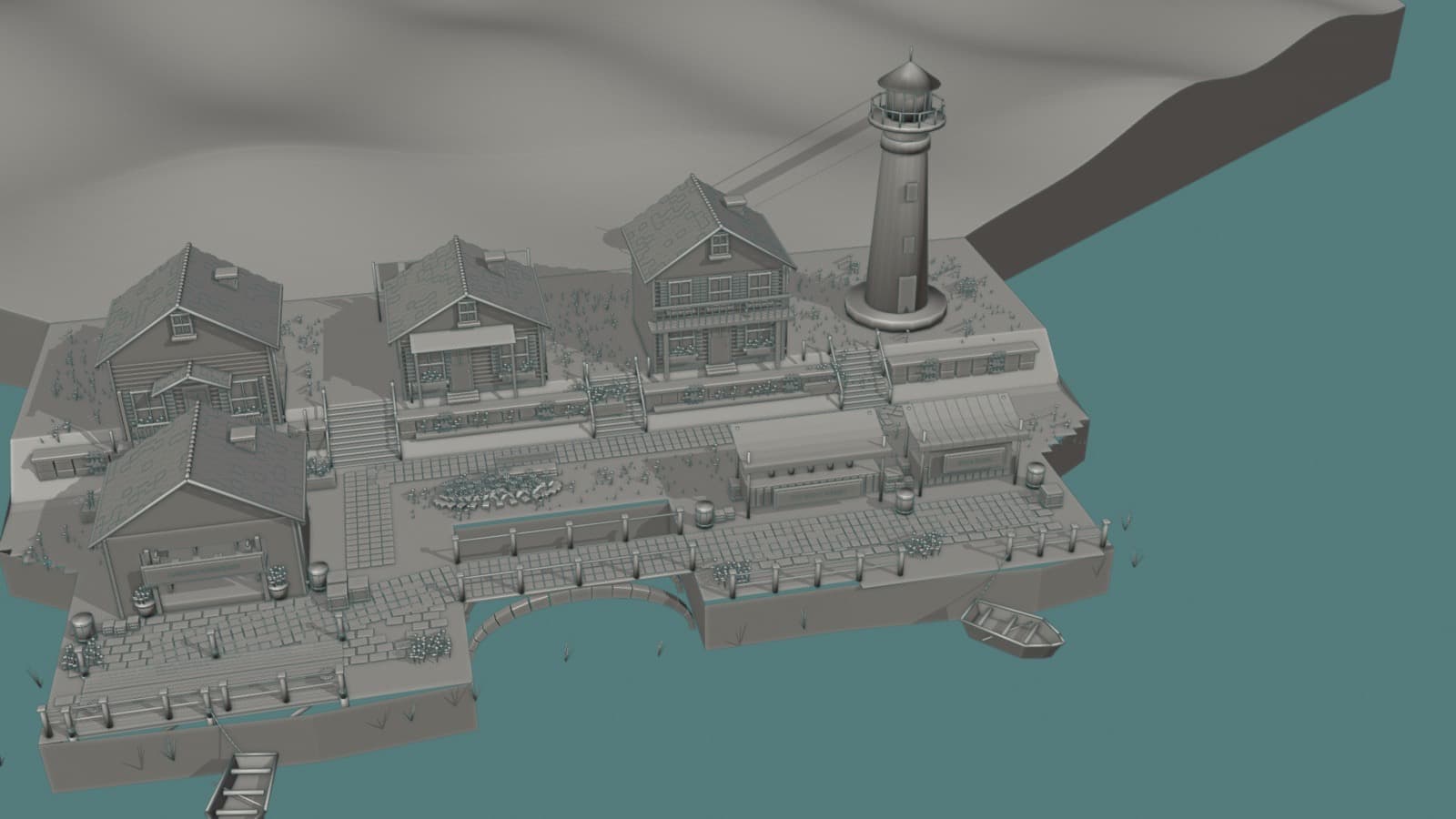 The Tidelight harbor in Blender, clay view